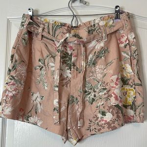 Loft Hawaiian Floral Print Linen Shorts Pink Medium